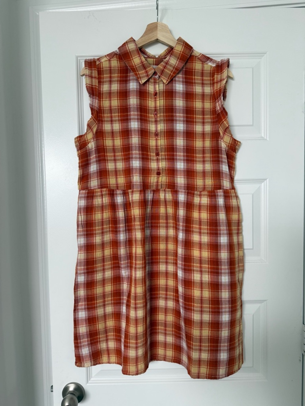 Organic Cotton Summer Dress Medium Aventura Montrose Plaid Yellow Orange Button - Picture 4 of 6
